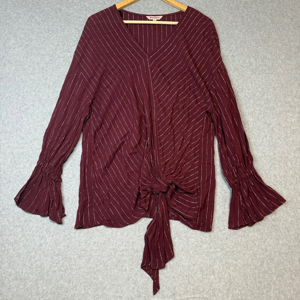 Juicy‎ Couture Womens M Faux Wrap Burgundy Pinstripe Tie Knot Hem Bell Sleeve
